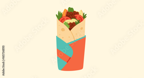 A delicious savory wrap filled with fresh vegetables and seasoned meat presented in colorful paper on a plain background
