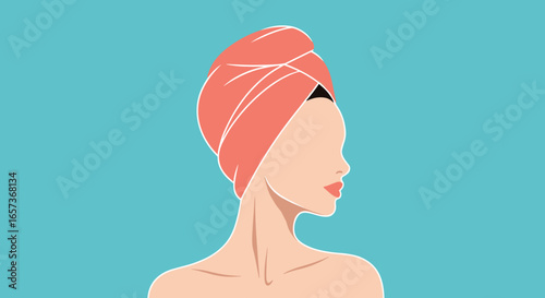 Woman wearing a coral pink towel turban on her head in profile view against a teal background