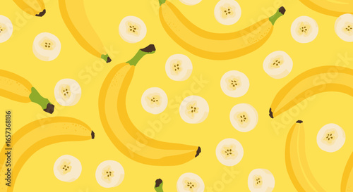 A vibrant yellow background featuring fresh bananas and sliced banana circles abundantly scattered across the surface