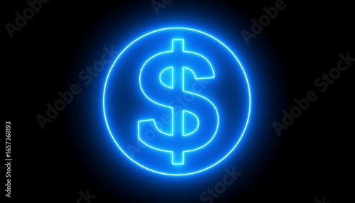 Glowing neon blue dollar sign in a circle on black background (1)
