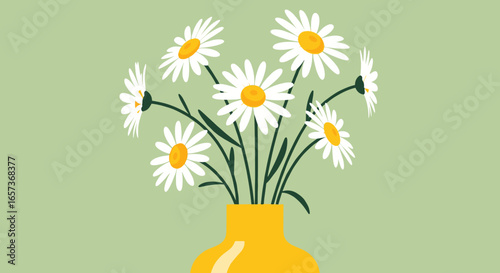 A vibrant bouquet of cheerful daisies in a bright yellow vase sits against a soft green background a symbol of spring and new beginnings