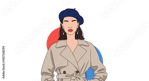 Chic woman with classic trench coat and blue beret radiates parisian style and confidence