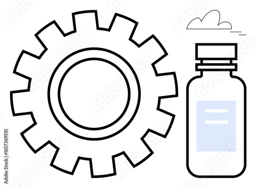 Large mechanical gear accompanied by a medicine bottle and cloud. Ideal for healthcare, technology, innovation, industry, biotechnology, progress, efficiency. Simple flat metaphor