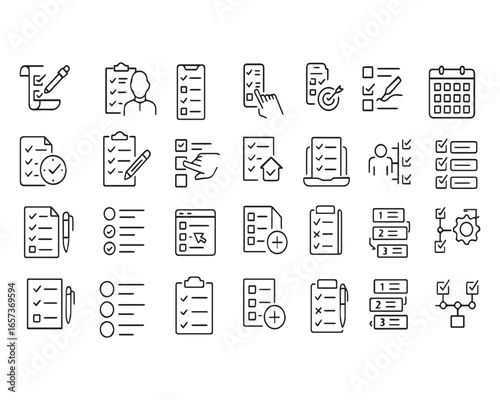 Set of outline icons related to checklist, plan, task, to do list. Linear icon collection