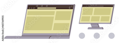 Devices with web pages focus on responsive layouts and web compatibility. Ideal for technology, UX design, web development, SEO, digital media, innovation, simple flat metaphor