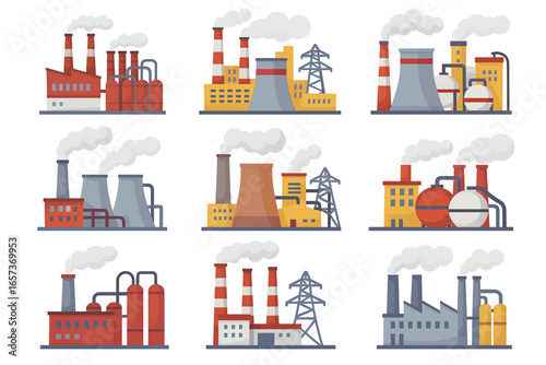 Factory Industry and Power Icons Set Flat Design Urban Factory Plant Buildings Vector Illustration Isolated on White Background