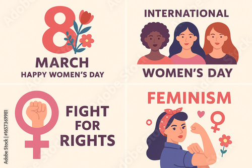 International Womens Day Vector Set Feminism Concept Illustrations and 8 March Design Templates for Cards Posters and Flyers