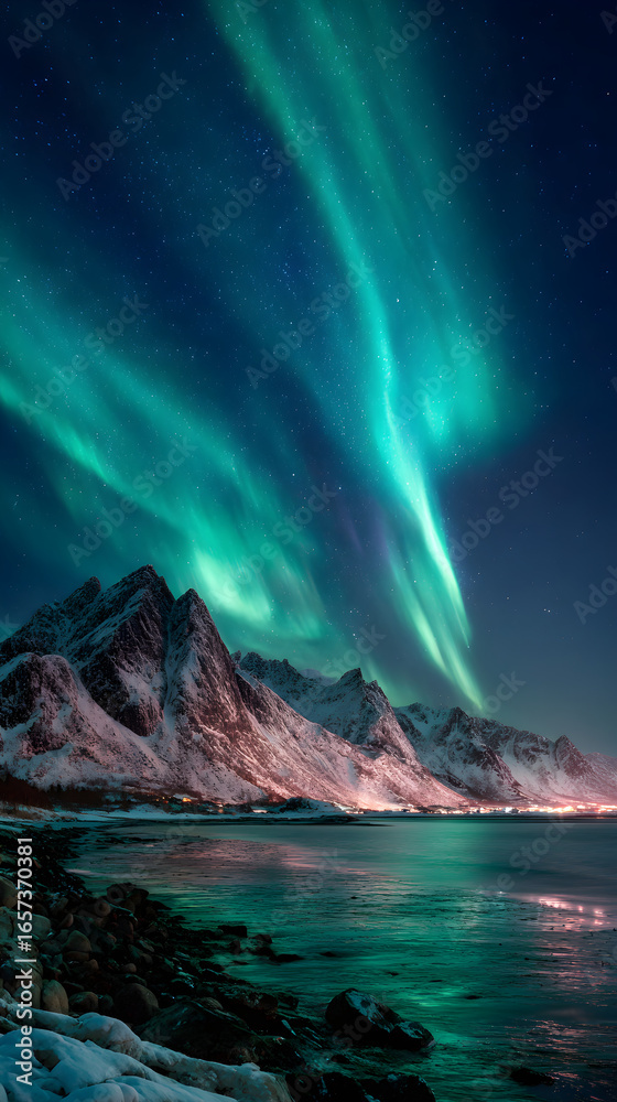 Naklejka premium Magical Northern Lights Display: A Spectacular Celestial Show of Aurora Borealis Colors Dazzling the Night Sky Over Arctic Landscapes Unveiling Nature's Mystical Beauty