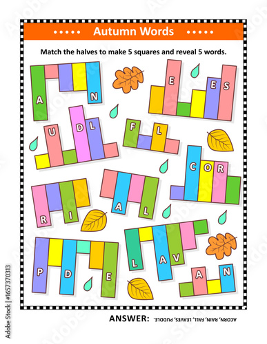 Autumn season word game. English language. Match the halves to make 5 squares and reveal 5 words. Answer included.
