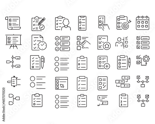 Set of outline icons related to checklist, plan, task, to do list. Linear icon collection