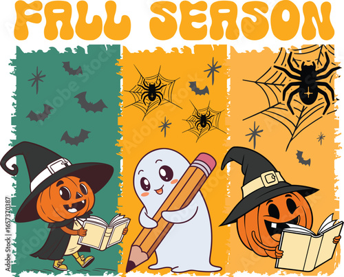Fall Season Panels - Pumpkin Witch, Friendly Ghost and Spider Webs, Retro Halloween Illustration
Three retro panels show a pumpkin witch reading, a friendly ghost with a pencil, 