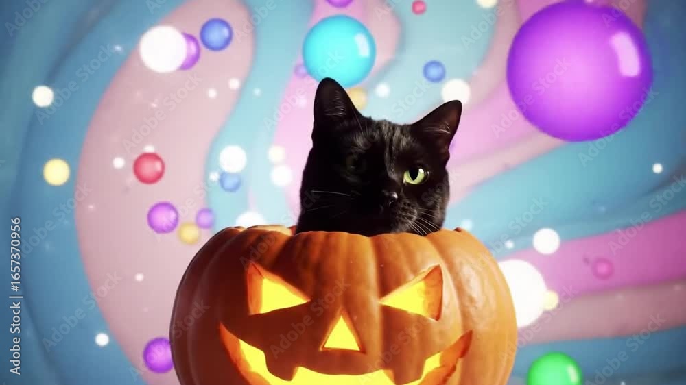 Black Cat in a Lighted Jack O'Lantern Pumpkin with Pastel Swirl ...