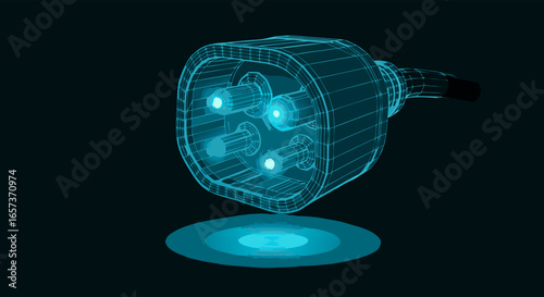 Close-up studio shot of an EV charging plug, showcasing its internal structure with glowing cyan accents against a dark background, a