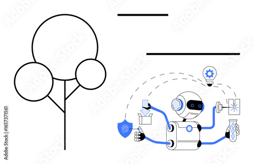 Robot with multiple arms conducting experiments, analyzing data, creating innovations. Ideal for science, artificial intelligence, innovation, automation, research technology data analysis. Simple