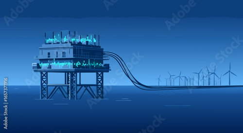 Night-time illustration of an offshore oil rig ablaze, with a long pipeline leading to a row of wind turbines in the cool blue sea.