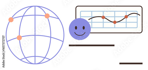 Globe with connected points, smiling face, data chart with trends and nodes. Ideal for technology, networking, communication, teamwork, analytics globalization innovation. Simple flat metaphor