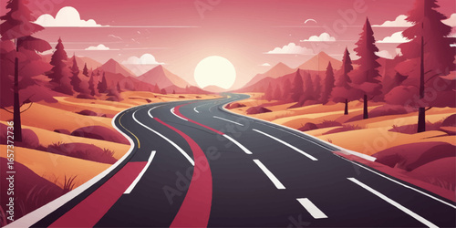 A long asphalt road winds through the desert landscape at sunset, an empty way to the horizon
