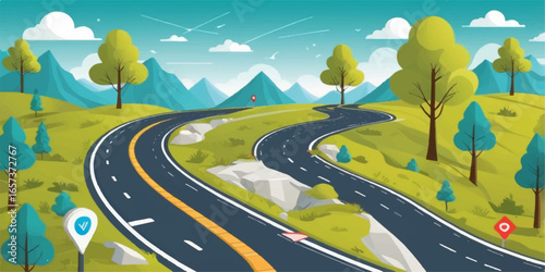 An empty asphalt highway winds through a green rural landscape under a summer sky