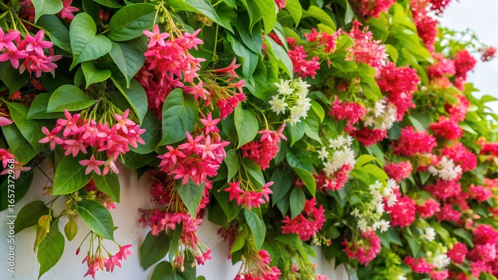 Naklejka premium Honeysuckle vine with vibrant pink and red flowers cascading down a white wall