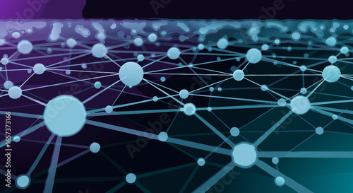 Abstract network connection: nodes and lines forming a complex web, teal and purple gradient, digital illustration, flat design,