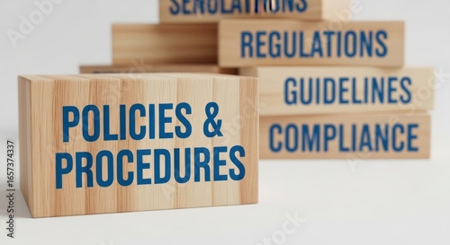 Policies and procedures regulations guidelines compliance for business standards and legal requirements on wooden blocks concept illustration