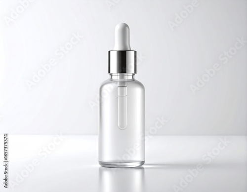 Pristine Glass Dropper Bottle with Silver Cap in a High-Key Minimalist Setting