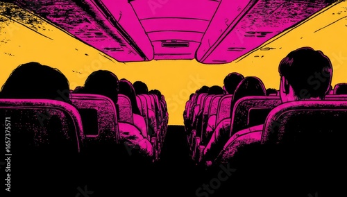 Airplane interior, passengers seated. Vivid magenta and yellow stylized illustration