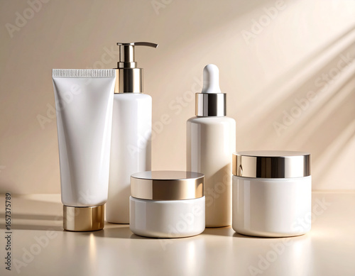 Luxurious Skincare Set: Elegant White & Gold Cosmetic Packaging in Soft Light