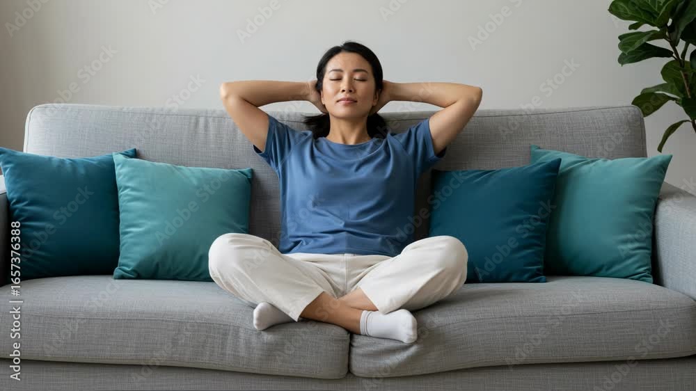 An asian woman sits crosslegged on a comfortable sofa in a modern living room, with her hands behind her head, eyes closed in a state of peaceful relaxation An asian woman sits crosslegged on a comfortable sofa in a modern living room, with her hands behind her head, eyes closed in a state of peaceful relaxation