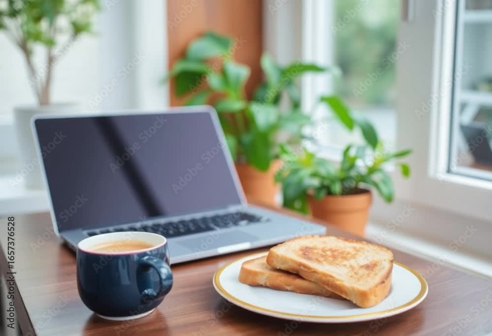 Mesa home office com café da manhã.