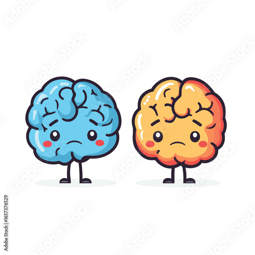 Happy and sad cute cartoon brain character