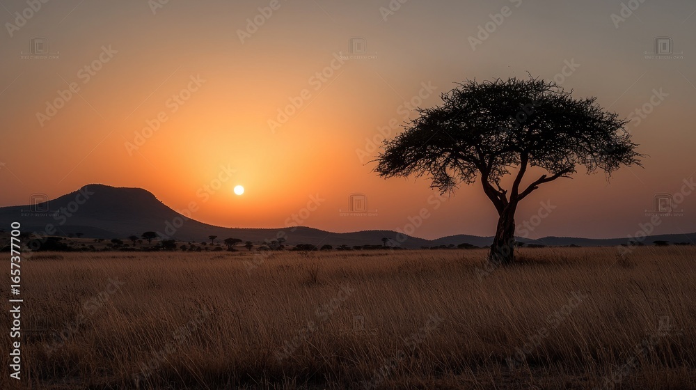 Fototapeta premium A solitary acacia tree silhouetted against a sunrise over the African savanna.