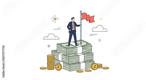Successful businessman standing on top of a pile of money planting a flag symbolizing achievement and financial growth