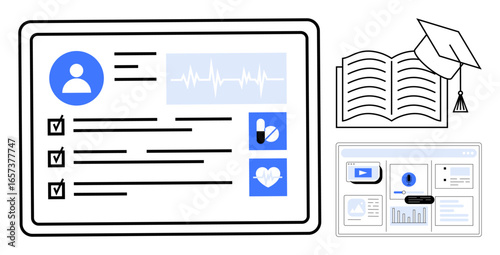 Tablet displaying medical records, vitals, medications, and heart data, alongside an open book with graduation cap and a browser page. Ideal for healthcare, education, e-learning, medical research