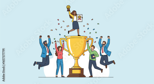 Celebrating team success with a golden trophy and jubilant employees jumping for joy