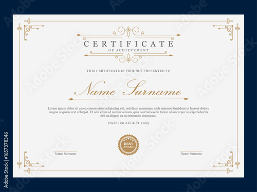 Clean certificate of appreciation in retro style. Vintage certificate template with swirl ornament. Multipurpose award document for competition.