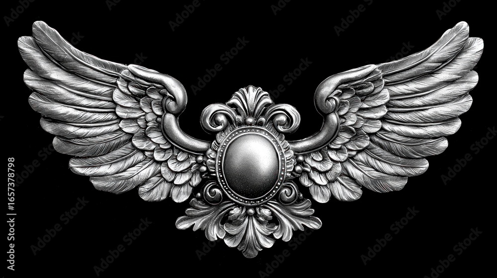 Fototapeta premium Metallic emblem with decorative wings