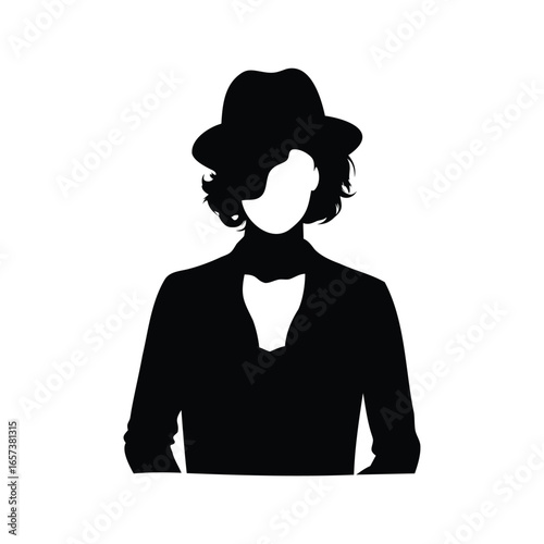 Elegant silhouette of a person wearing a fedora hat and jacket, Women with fedora hat silhouette vector illustration