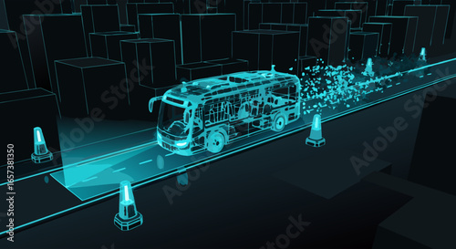 Wireframe rendering of an autonomous bus navigating a city street, depicted in cyan tones against a dark background, showcasing a