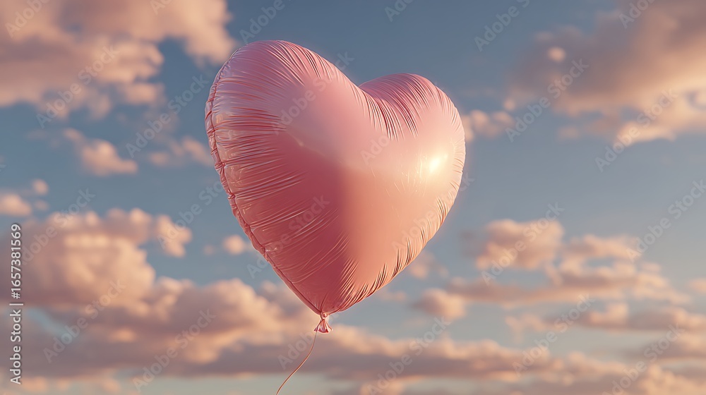 Obraz premium Minimal red heart shape balloon floating in soft pastel sky with ample blank space, Valentine romantic concept, love celebration, delicate floating decoration, dreamy atmosphere.