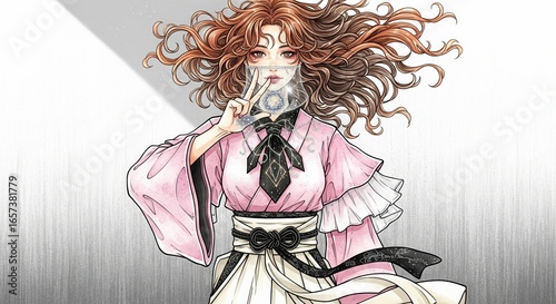 Stylized anime woman in kimono with elaborate curly hair. Traditional Japanese illustration with pink sleeves and black obi. Dramatic ink wash painting of a masked woman with voluminous hair.