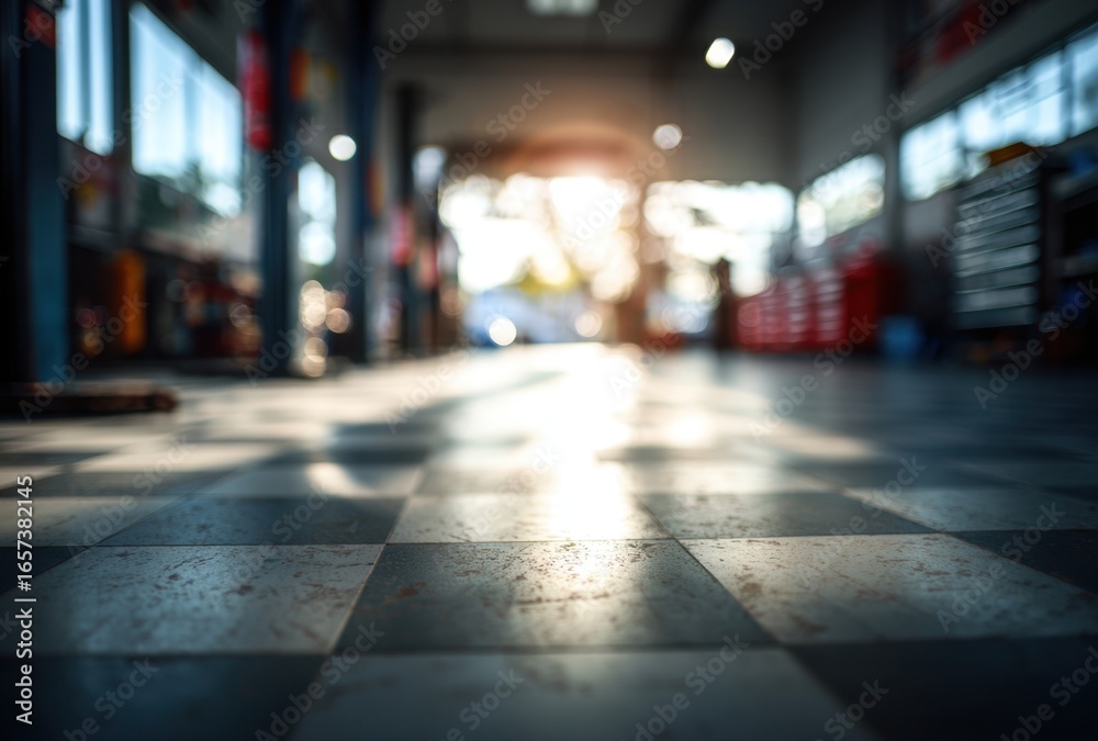 Fototapeta premium Blurred indoor scene of a busy marketplace or shopping mall with natural light streaming through large and people walking around