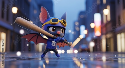 Midnight Slugger: An Adorable Cartoon Bat in Goggles Ready to Swing on a Rainy City Street.