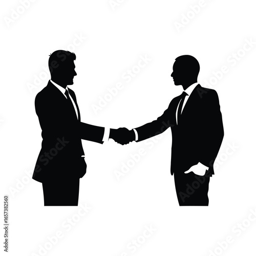 Two businessmen shaking hands in silhouette, symbolizing agreement and partnership, Businessman shaking hand  silhouette vector illustration