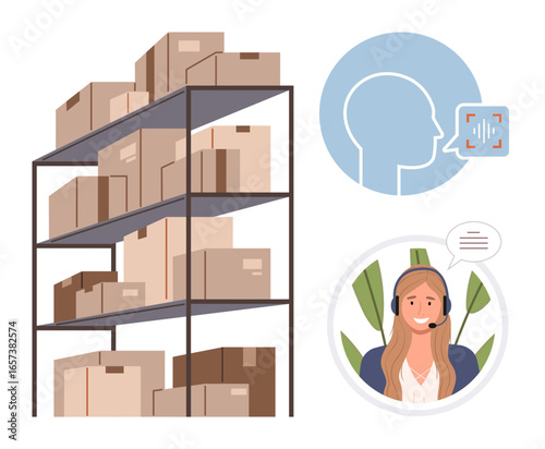 Stacked warehouse shelves with boxes, head profile with voice recognition, customer service operator with speech bubble. Ideal for logistics, e-commerce, communication, storage, AI, delivery systems