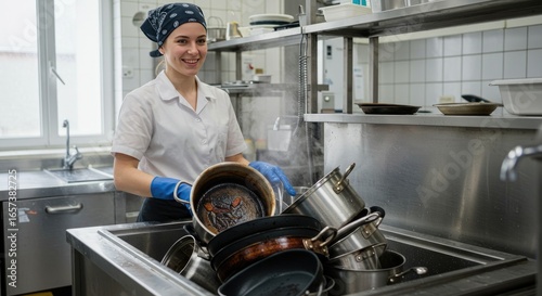 Smiling Young Chef Handles Dirty Pots in Commercial Kitchen