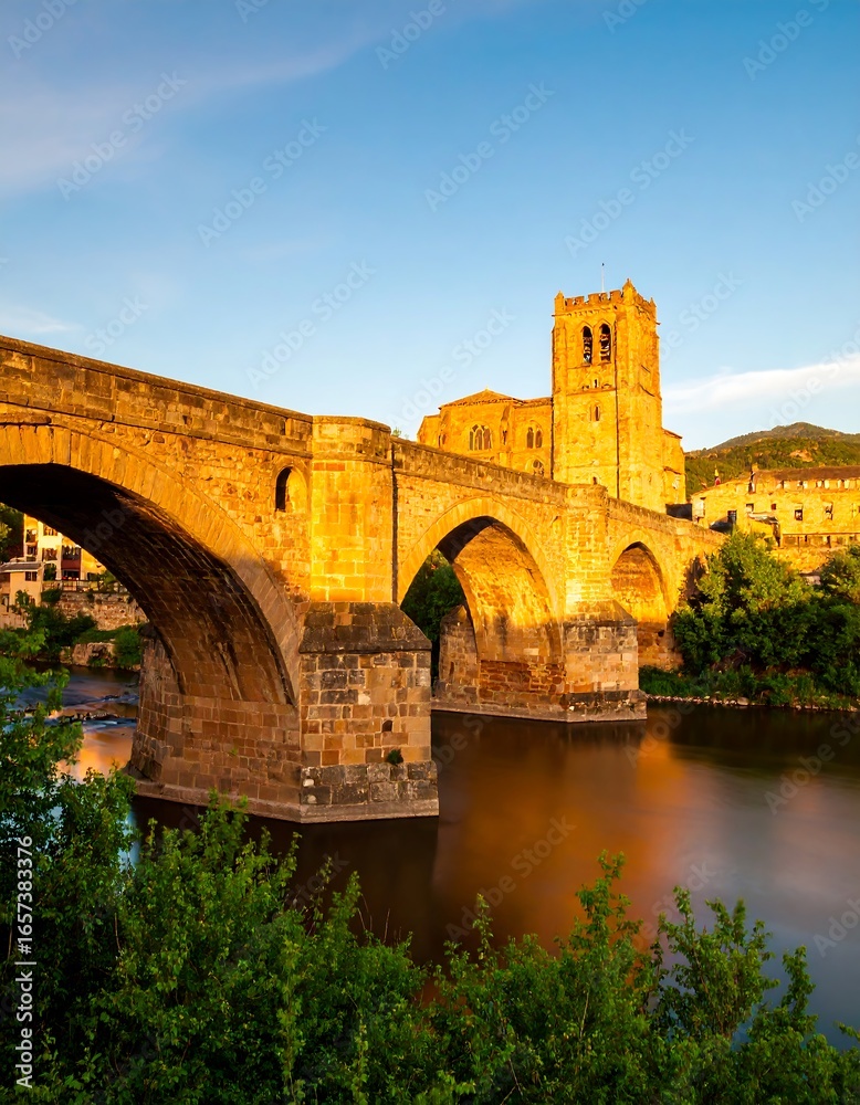 Fototapeta premium Stone bridge over a river at dawn