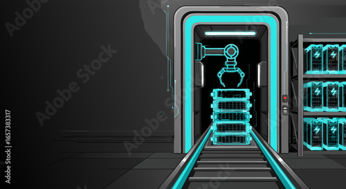 Futuristic robotic arm moving data server stacks on automated rails in a dark, teal-lit data center;  a technological, cinematic-style