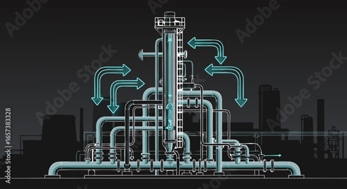 Detailed illustration of an industrial distillation column with multiple pipelines, showcasing fluid flow in a teal and gray color