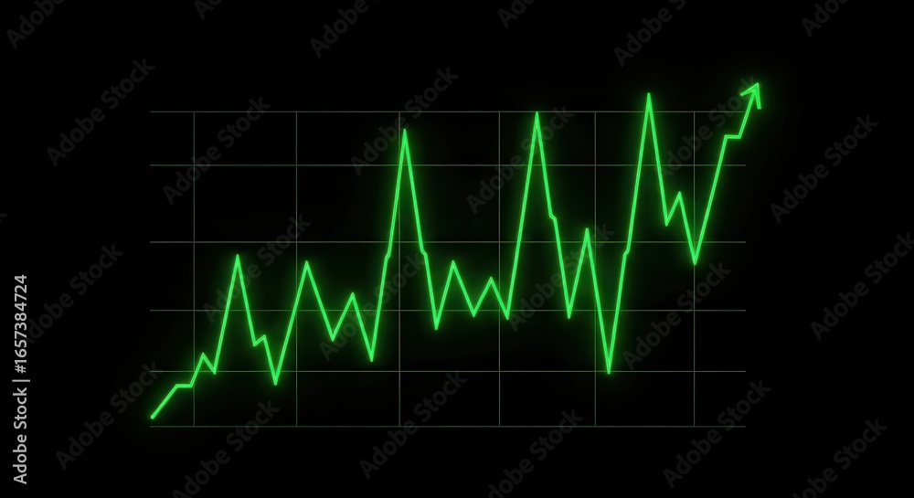 Vibrant green neon line graph displays fluctuating upward trend against a stark black background symbolizing growth Vibrant green neon line graph displays fluctuating upward trend against a stark black background symbolizing growth